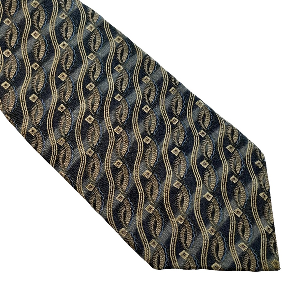 Vintage VAN HEUSEN 100% Silk Tie Blue and Cream Diagonal Geometric Print